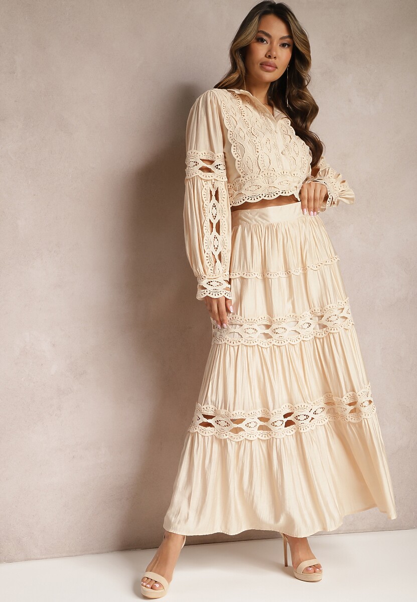 Jasnobeżowy Ażurowy Komplet z Wiskozy Rozkloszowana Spódnica i Bluzka ze Stójką Cassindra
