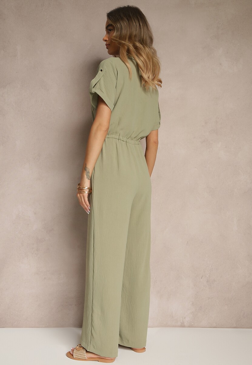 Ciemnozielony Koszulowy Kombinezon z Krótkim Rękawem Wiązany w Pasie Maraisla