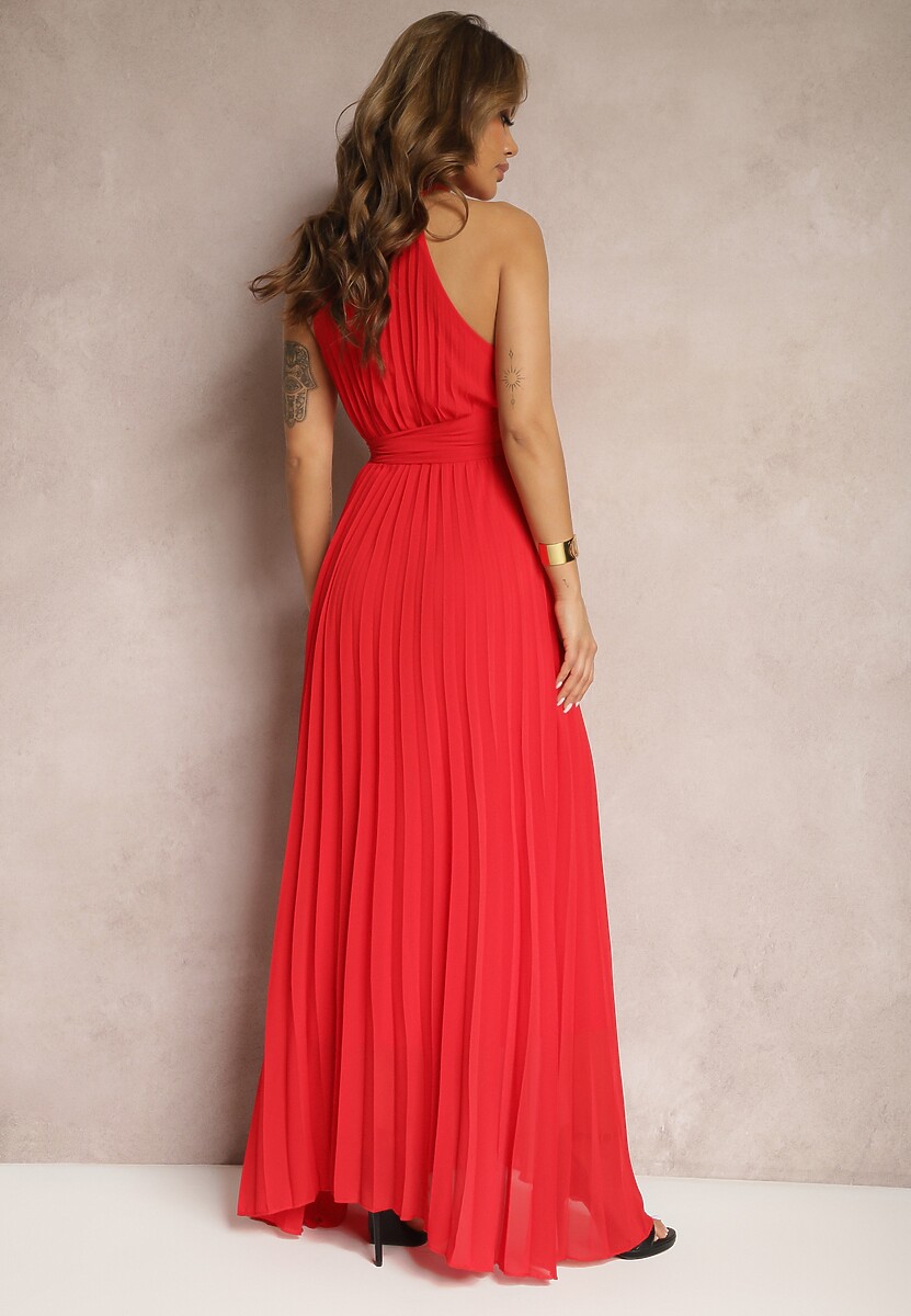 Czerwona Sukienka Maxi bez Rękawów z Gumką w Talii z Plisowanej Tkaniny Pesstia