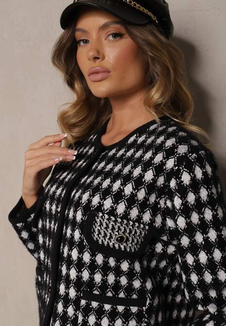 Czarny Wiskozowy Kardigan Ozdobiony Wzorem w Pepitkę i Guzikami Saveri