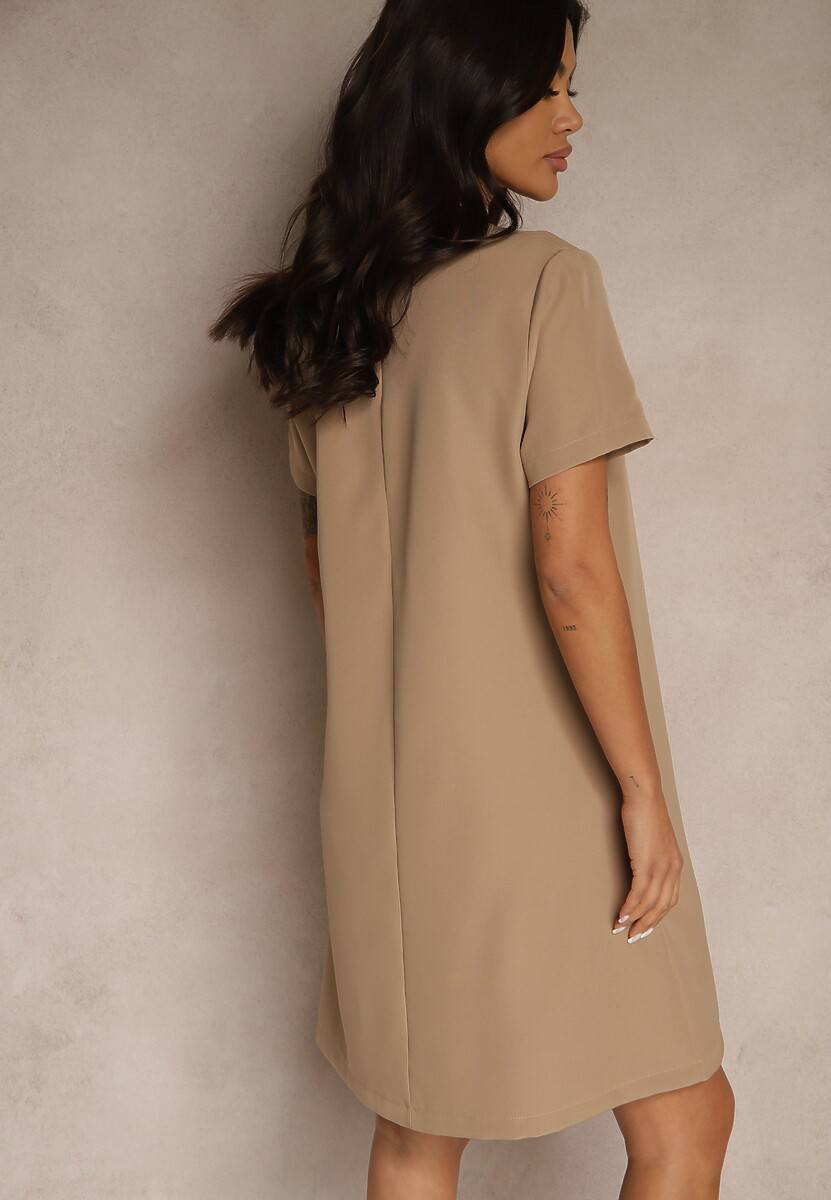 Ciemnobeżowa Trapezowa Sukienka Mini z Krótkim Rękawem i Kieszeniami Vrea