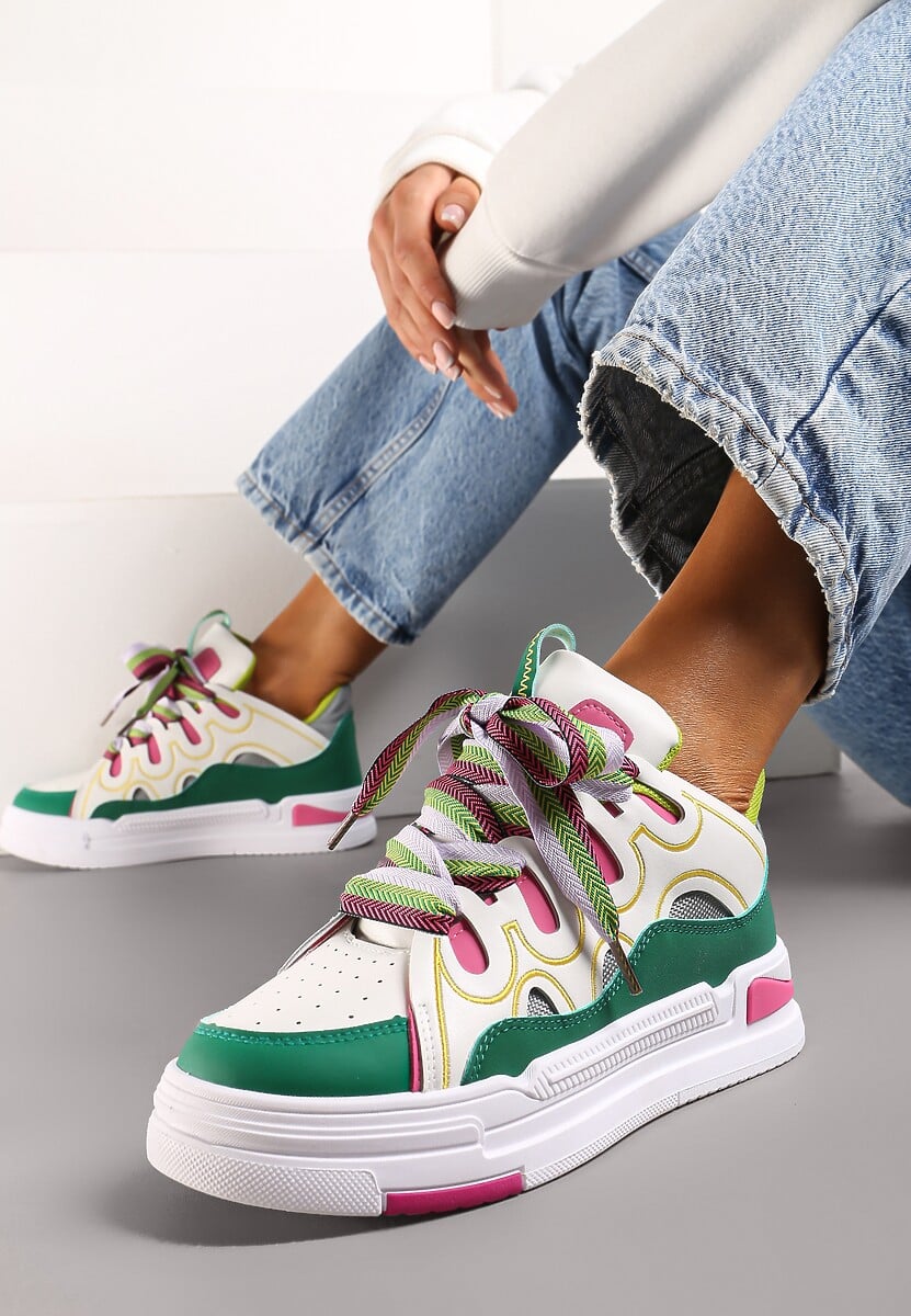 Biało-Zielone Sneakersy na Platformie z Grubymi Kolorowymi Sznurówkami Adrianu