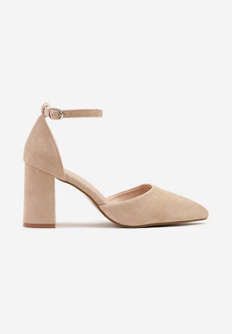 Beżowe Czółenka na Obcasie ze Skórzaną Wkładką i Paskiem Wokół Kostki Veliona