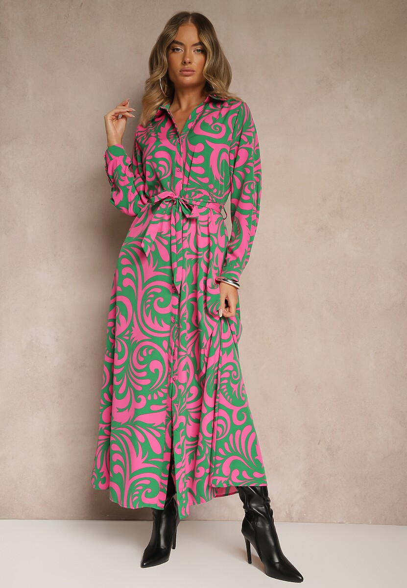 Fuksjowo-Niebieska Sukienka Koszulowa Maxi z Materiałowym Paskiem w Abstrakcyjny Print Lirans