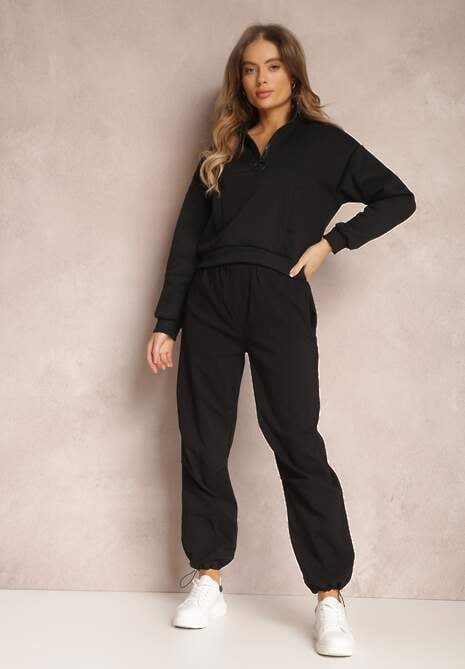 Czarne Bawełniane Spodnie z Marszczoną Gumką w Talii Magu