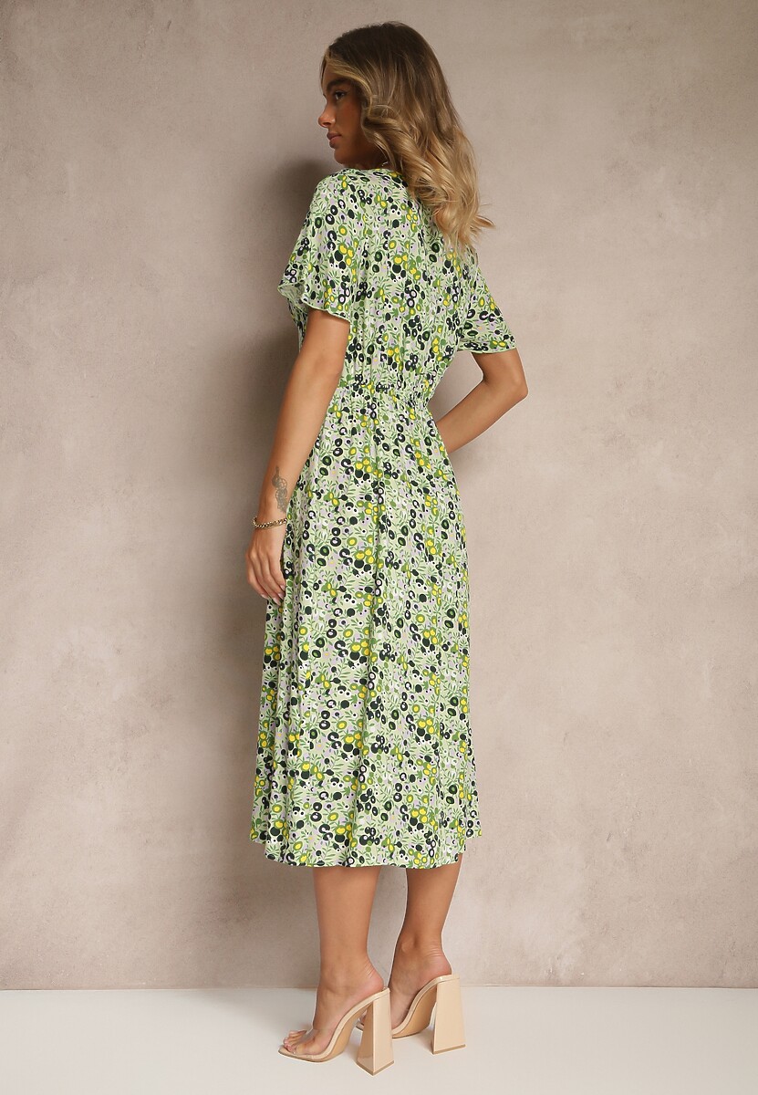 Zielona Wiskozowa Sukienka z Guzikami w Kwiecisty Wzór z Trójkątnym Dekoltem Neliafa