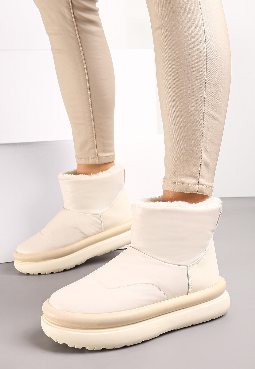 Beżowe Połyskujące Śniegowce na Płaskiej Podeszwie Ocieplone Futerkiem Brivida