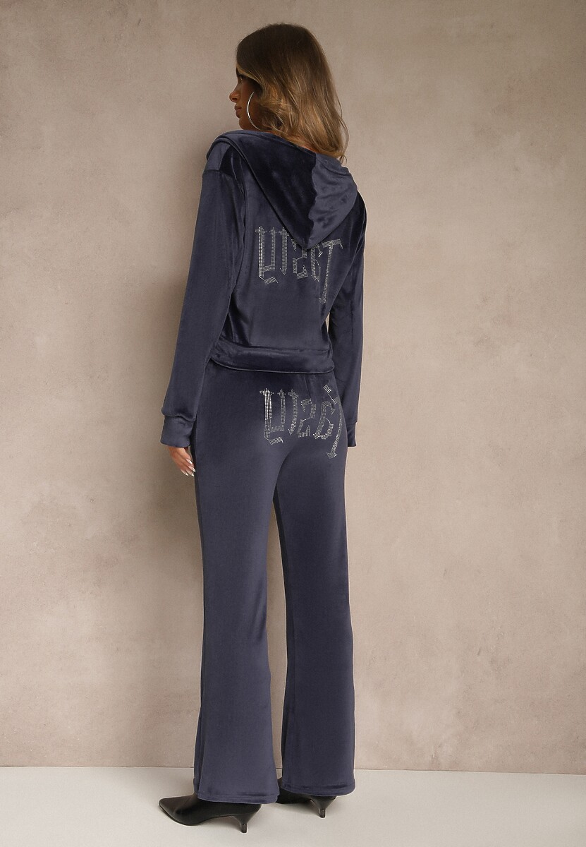 Granatowy Welurowy Komplet Dresowy Bluza i Spodnie ze Zdobieniem z Cyrkonii Velea