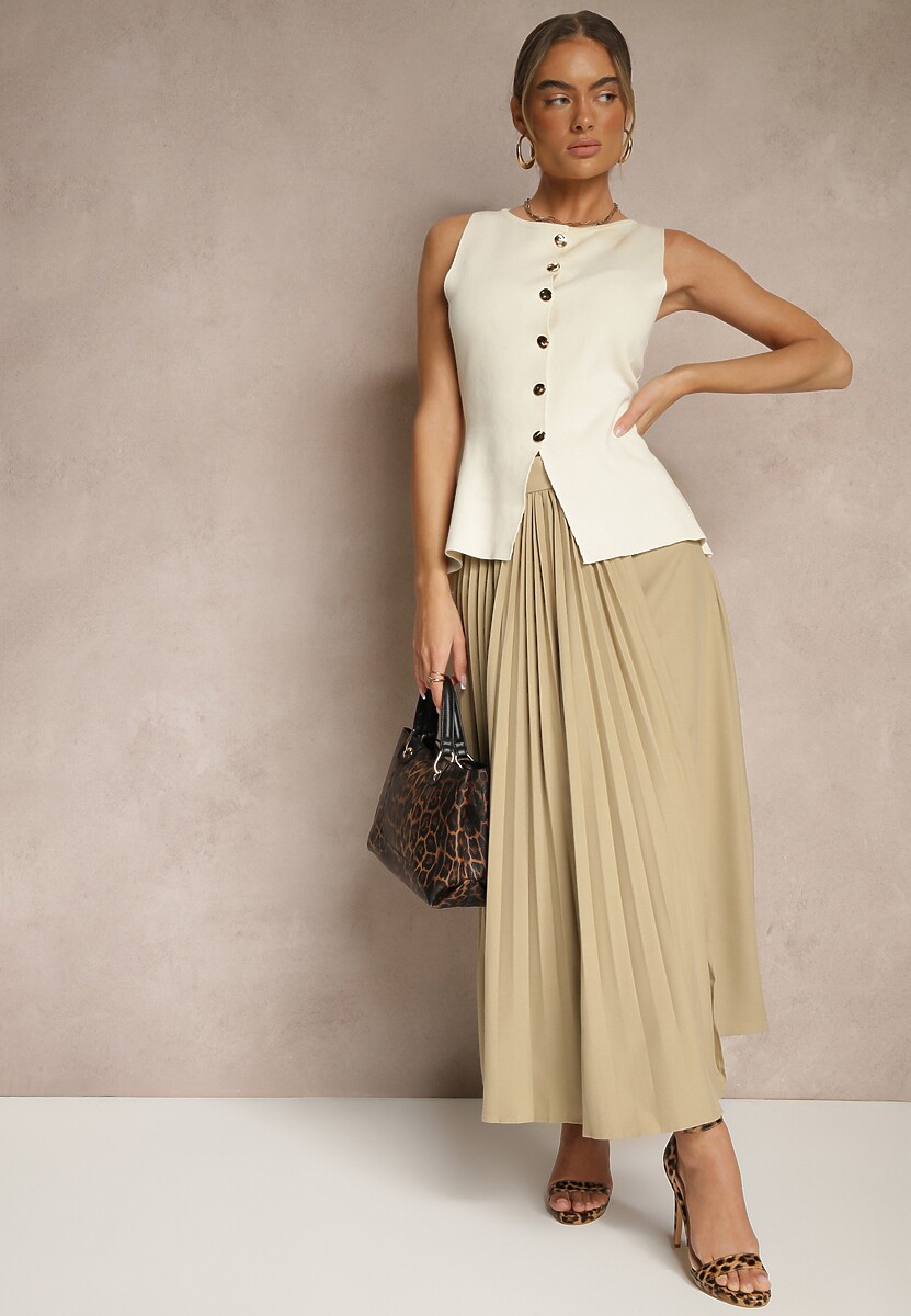 Jasnobeżowa Plisowana Spódnica z Wiskozą o Trapezowym Kroju i Ozdobną Klamrą Sovlemi