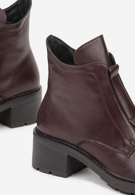 Bordowe Botki ze Skóry Naturalnej na Słupku Ozdobione Przeszyciami Deleisa