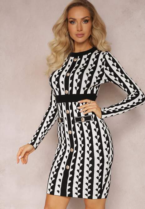 Biała Dopasowana Sukienka Dzianinowa w Geometryczny Wzór Grimau