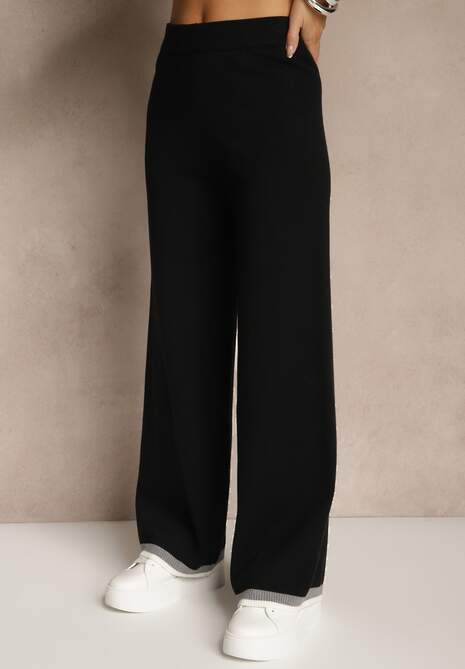 Czarny Komplet Dzianinowy Sweter i Spodnie Wide Leg z Ozdobną Lamówką Ralenia