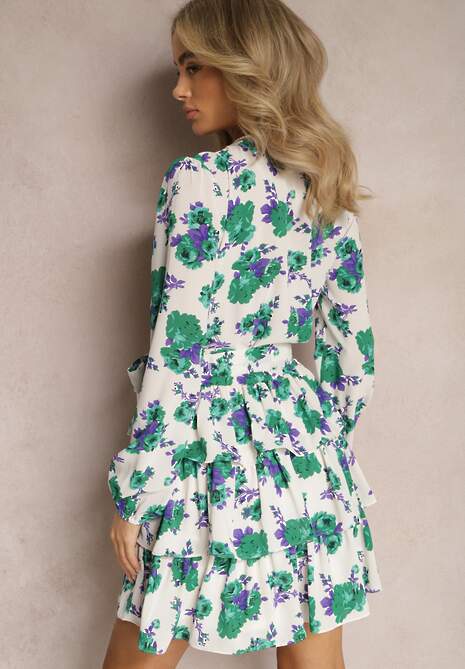 Biało-Zielona Rozkloszowana Sukienka Kopertowa z Falbankami i Materiałowym Paskiem w Kwiaty Voliesa