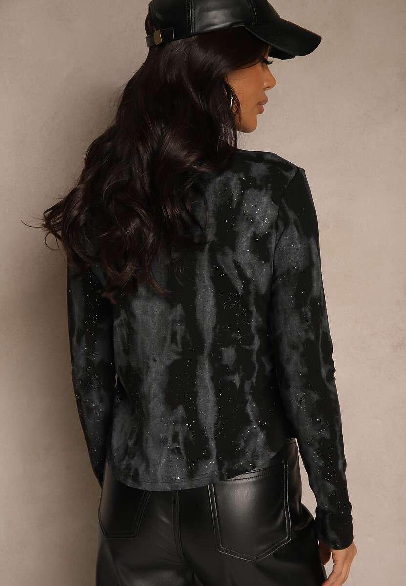 Czarna Marszczona Bluzka Longsleeve z Półgolfem Ralinda