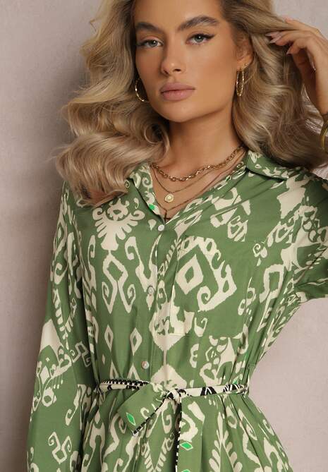 Zielona Sukienka Koszulowa Rozkloszowana z Wiązaniem Vern