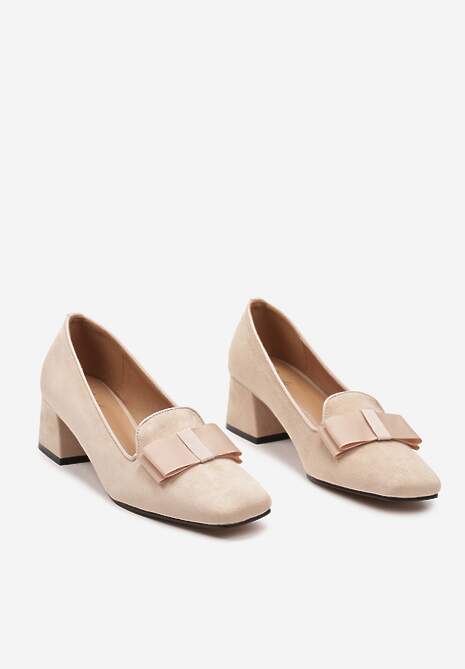 Beżowe Wsuwane Czółenka z Wkładką z Imitacji Skóry na Niskim Słupku Ozdobione Kokardą Triapaula