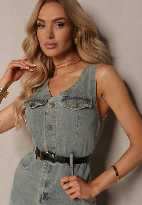 Jasnoniebieska Sukienka z Jeansu Bez Rękawów z Paskiem w Talii Iberia