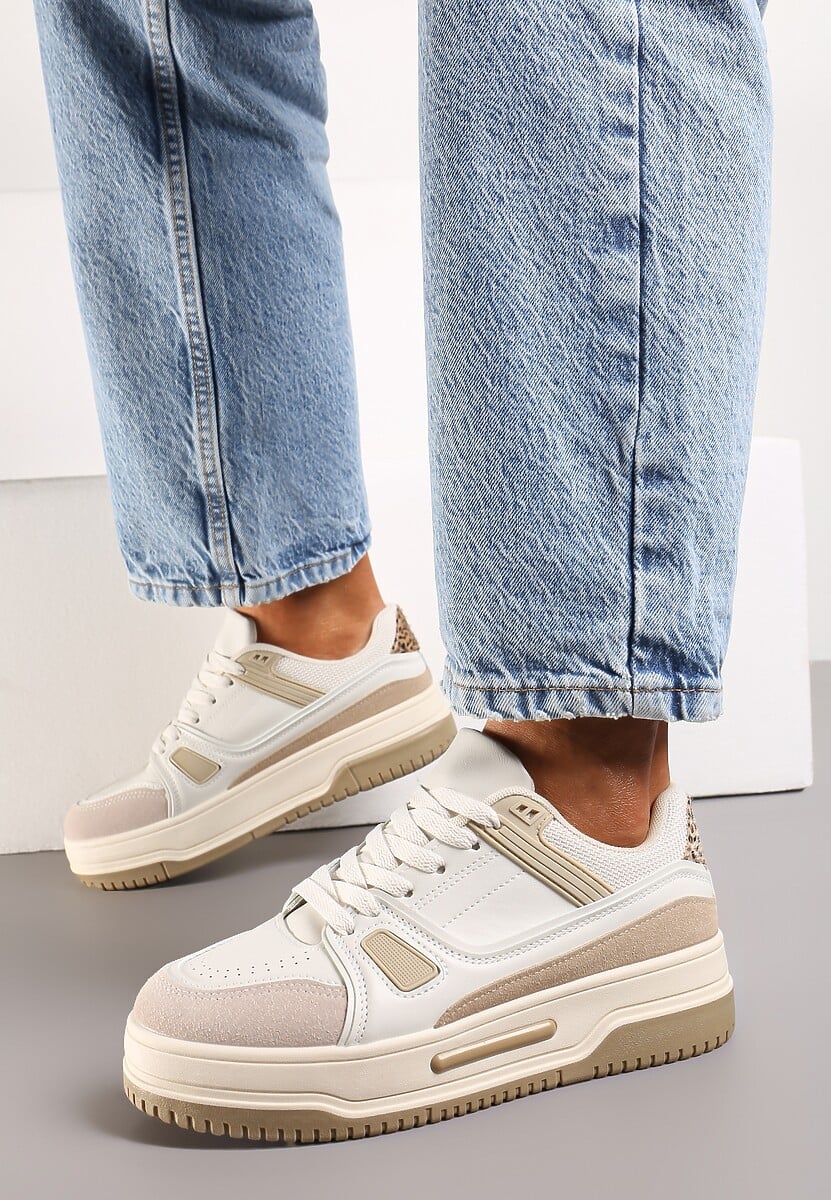 Beżowe Sneakersy ze Wstawkami z Ekozamszu na Grubej Podeszwie Anecta