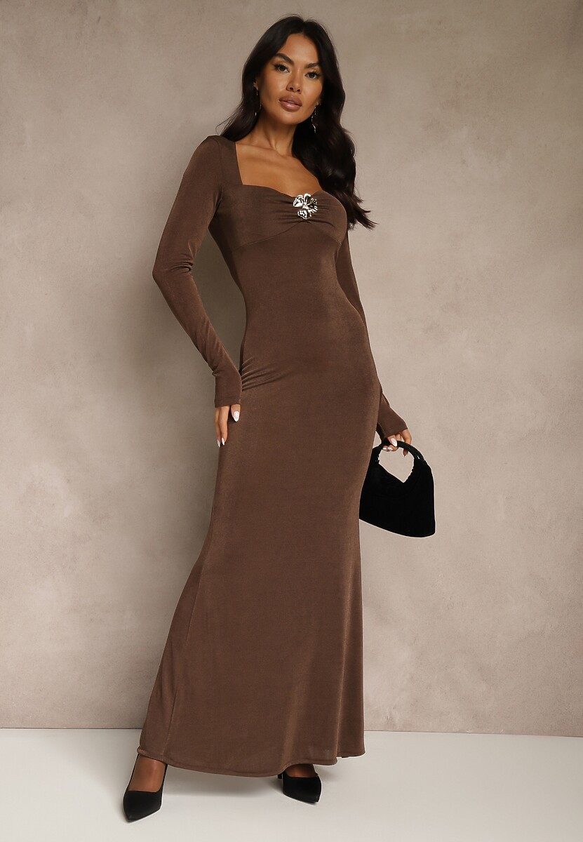 Brązowa Taliowana Sukienka Koktajlowa Lonsgleeve z Elegancką Aplikacją Idirena
