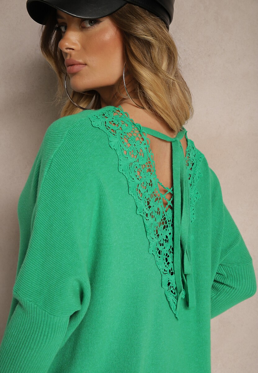 Zielony Sweter z Modalem i Wiskozą Ozdobiony Koronką Zinnorela