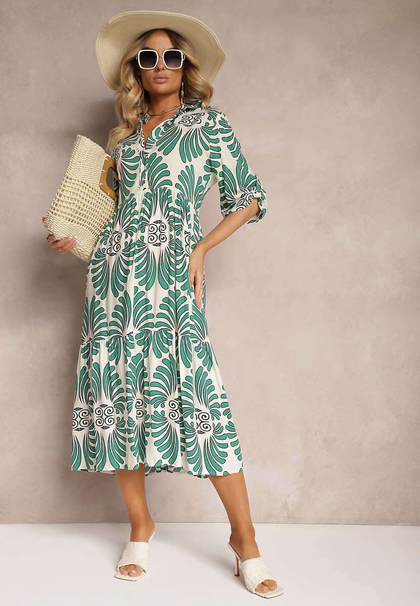 Zielono-Biała Wiskozowa Sukienka Zapinana na Guziki z Regulowanymi Rękawami Biatalia