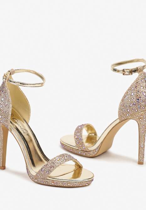 Złote Klasyczne Sandały na Obcasie z Paseczkiem wokół Kostki Ozdobione Cyrkoniami i Brokatem Ezilya