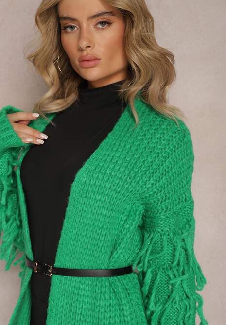 Jasnozielony Długi Kardigan Dzianinowy z Ozdobnymi Frędzlami i Paskiem Mesfin