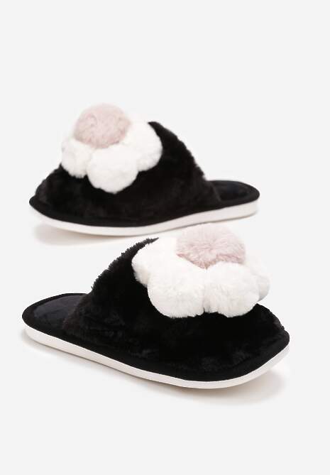 Czarne Kapcie ze Sztucznego Futra z Aplikacją 3D w Kształcie Kwiatka Melisande