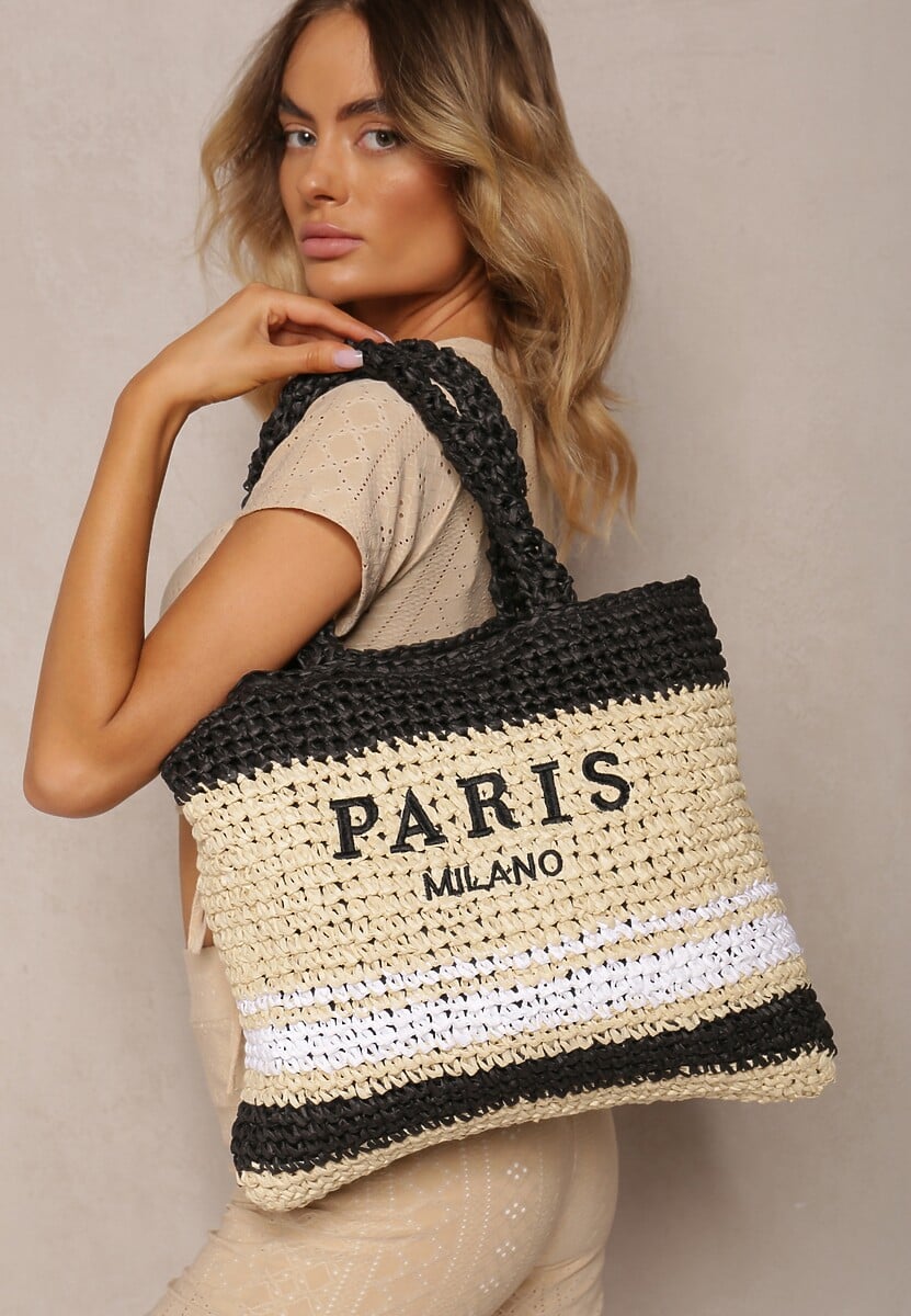Beżowo-Czarna Pleciona Torebka w Stylu Boho Ozdobiona Napisem Oegelia