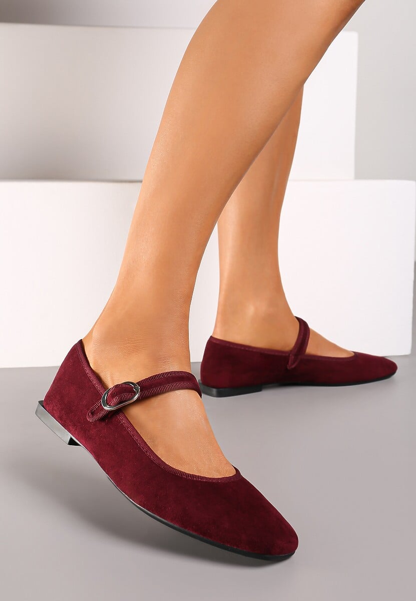 Bordowe Balerinki o Kwadratowym Nosku w Stylu Mary Jane z Paseczkiem Naiva
