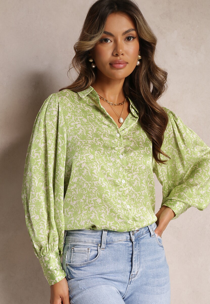 Zielona Kwiecista Koszula z Bufiastym Rękawem z Mankietem Aris