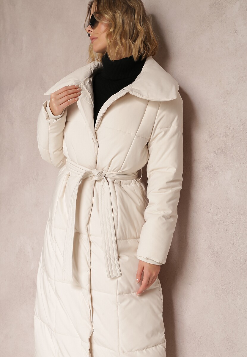 Beżowa Kurtka za Kolano Pikowana Chadi