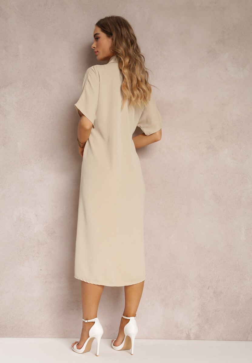 Beżowa Sukienka Koszulowa Wiązana z Przodu z Marszczeniem Raimona