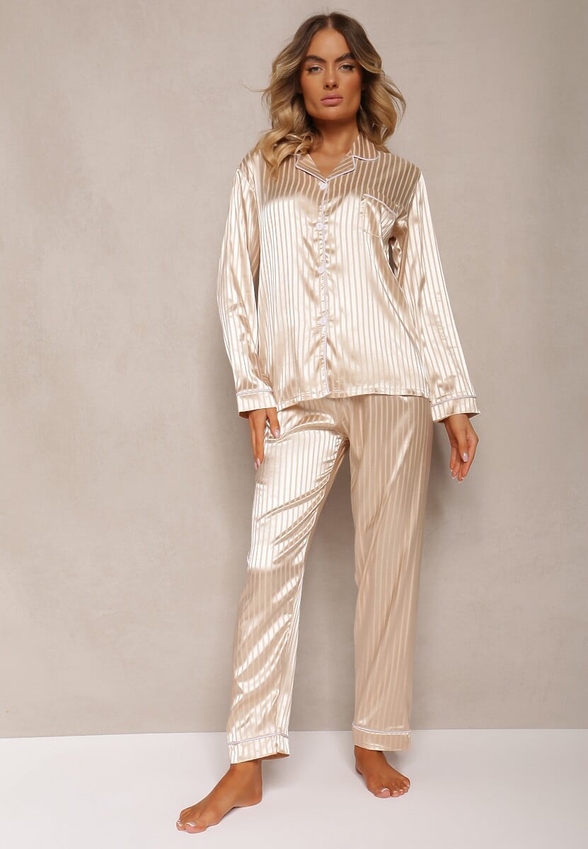 Beżowy Komplet Piżamowy Góra o Koszulowym Kroju z Guzikami Spodnie z Gumką w Talii Rivanias