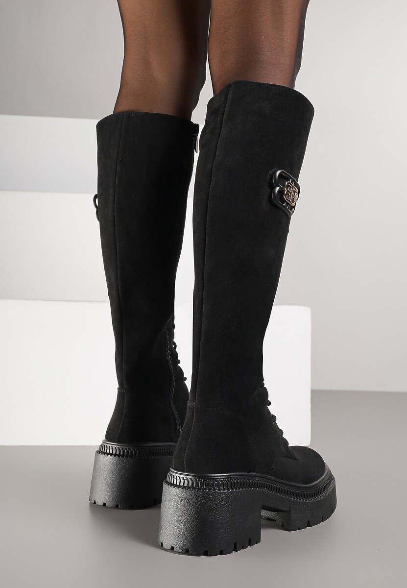 Czarne Kozaki Vices z Imitacji Zamszu w Stylu Grunge ze Sznurowaną Cholewką i Platformą Laurotte