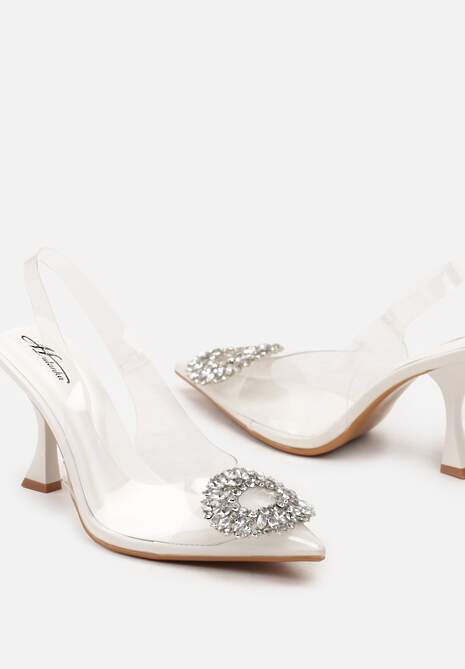 Białe Czółenka z Odkrytą Piętą i Transparentną Cholewką oraz Cyrkoniami Navieria