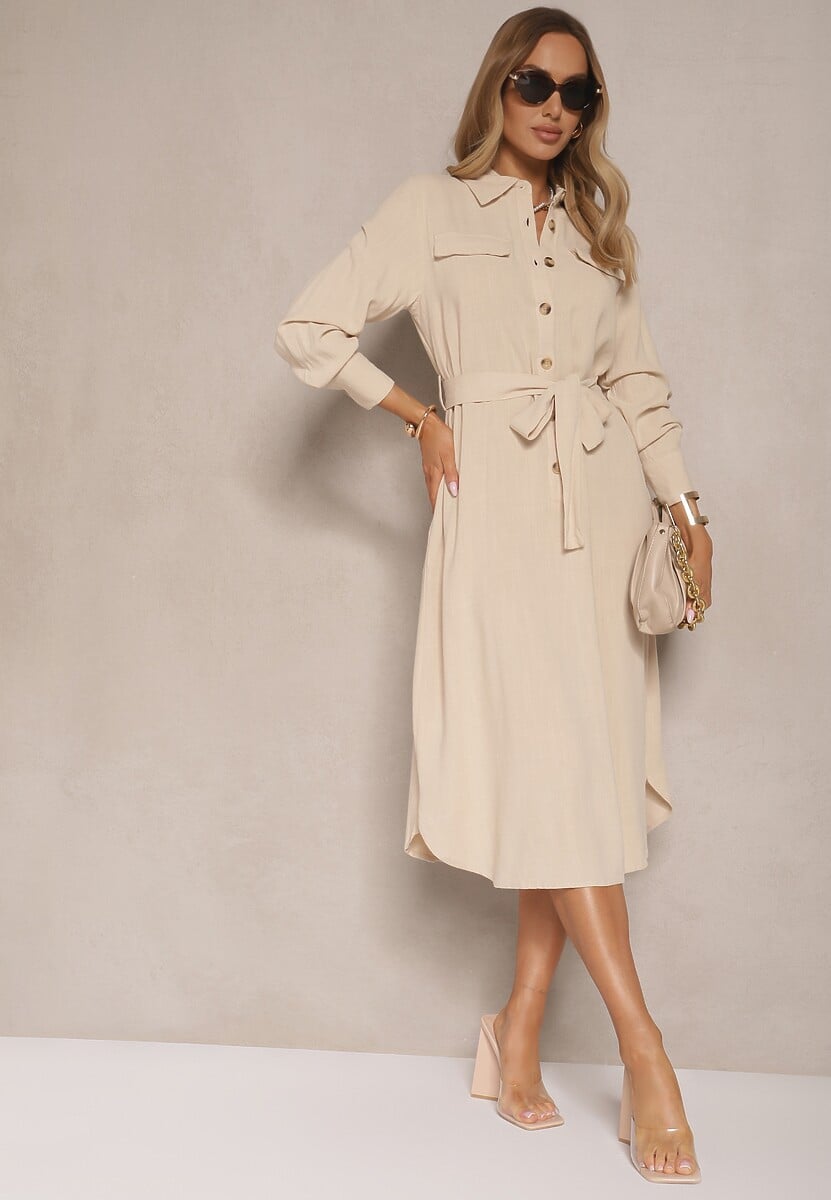 Beżowa Sukienka z Bawełny o Koszulowym Kroju Wiązana w Talii Zinrose