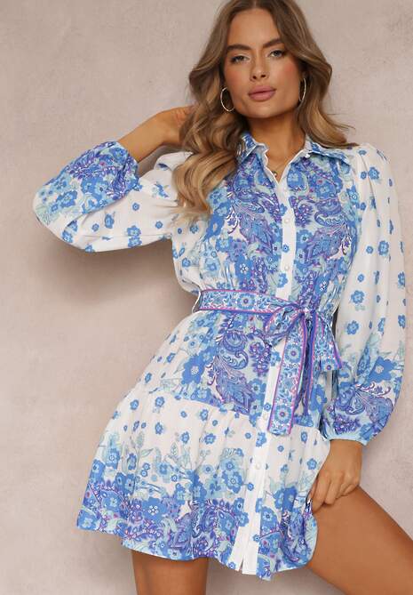 Niebieska Wiązana Sukienka z Kołnierzykiem i Gumką w Pasie Santanna