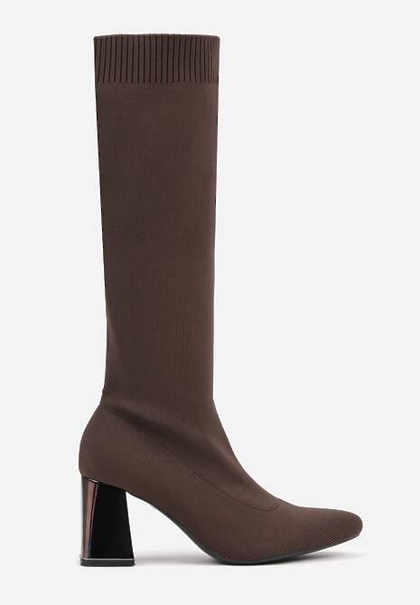 Brązowe Eleganckie Kozaki VICES na Metalicznym Obcasie ze Skarpetkową Cholewką Nalaina