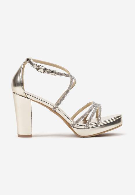 Złote Cyrkoniowe Sandały na Słupku z Ozdobnymi Paskami Beridara