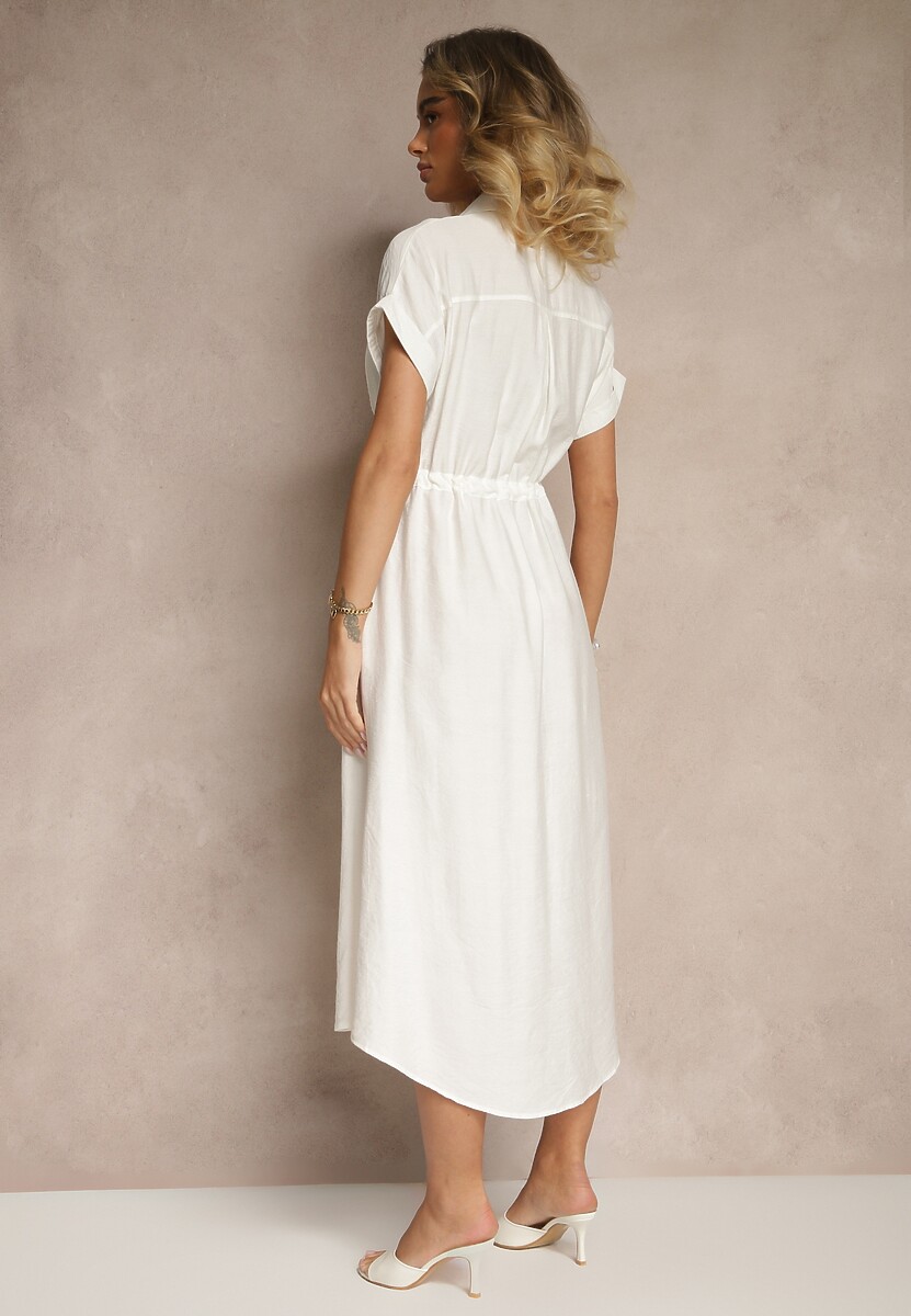 Biała Wiskozowa Sukienka Koszulowa z Guzikami i Wiązaniem w Talii Velazia