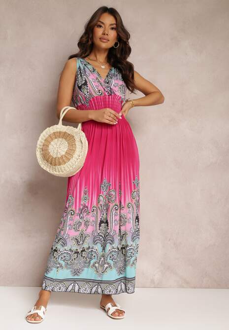 Ciemnoróżowa Rozkloszowana Sukienka z Gumką w Talii i Sznurkami na Ramiączkach Railia