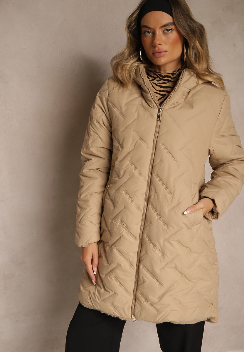 Ciemnobeżowa Pikowana Kurtka Dwustronna o Długim Kroju z Kapturem Olettia