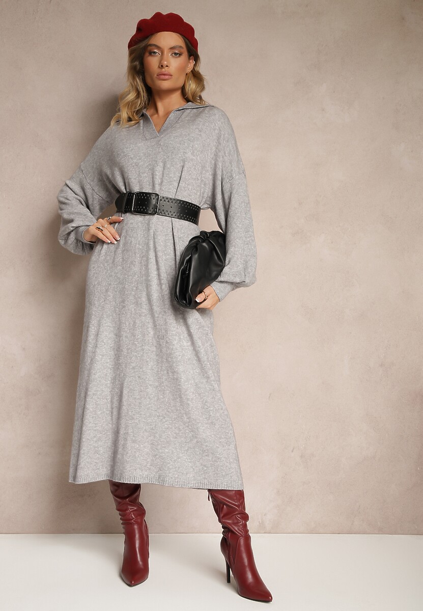 Szara Sweterkowa Sukienka z Wiskozą o Pudełkowym Kroju Ozdobiona Kołnierzykiem Clarinnae