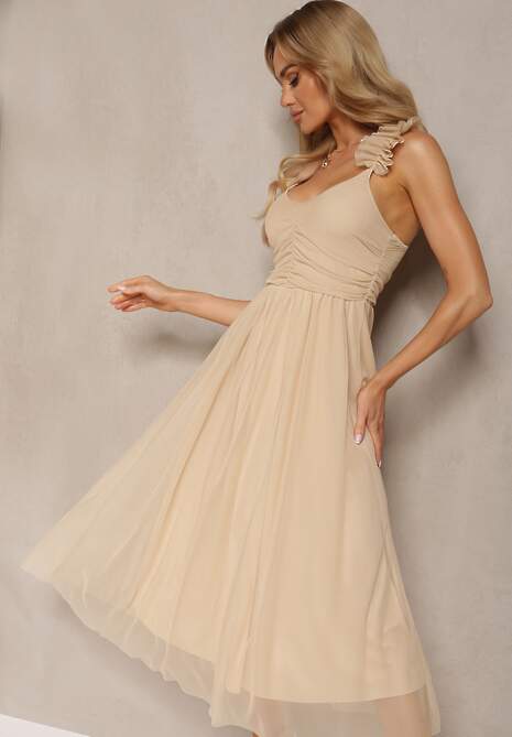 Beżowa Rozkloszowana Sukienka na Ramiączkach z Gumką w Pasie z Falbankami Zafara