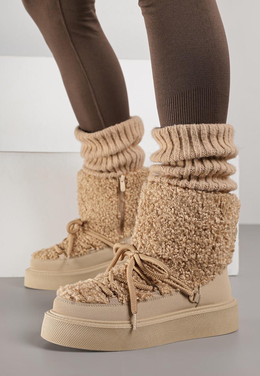 Ciemnobeżowe Śniegowce z Futerkiem Typu Teddy Allere