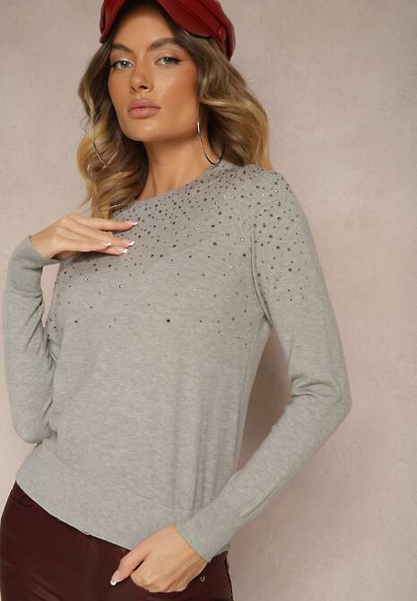 Szary Casualowy Sweter z Wiskozą z Ozdobnymi Detalami z Cyrkonii Edaloriae