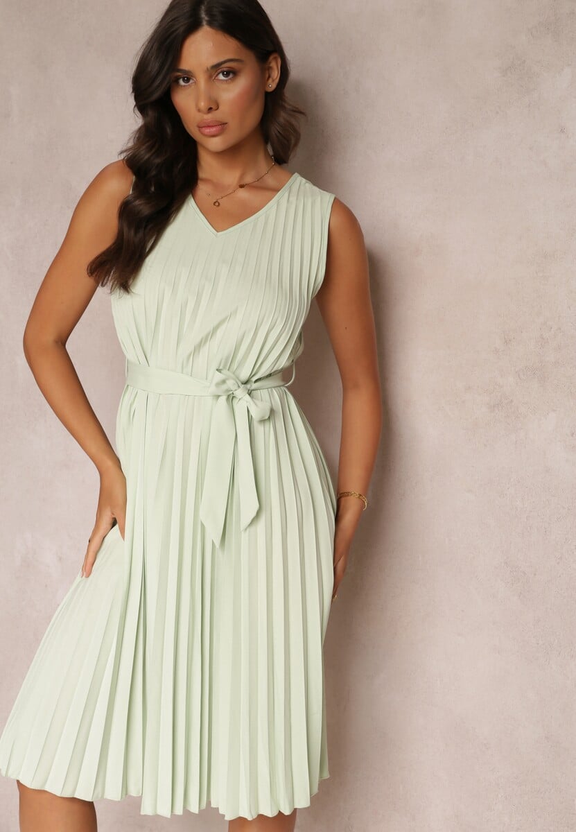 Miętowa Sukienka Midi z Plisowanej Tkaniny z Materiałowym Paskiem Eudoxia
