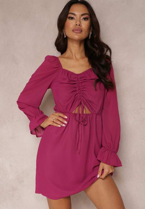 Fioletowa Sukienka z Błyszczącą Nitką i Ściągaczem z Przodu Beni