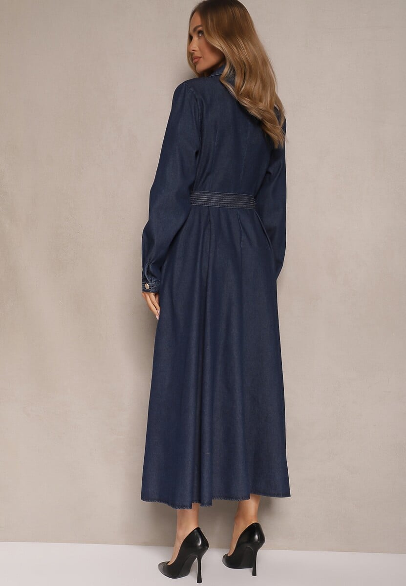 Granatowa Wiskozowa Sukienka Koszulowa z Bawełną Ozdobiona Paskiem Halanoria